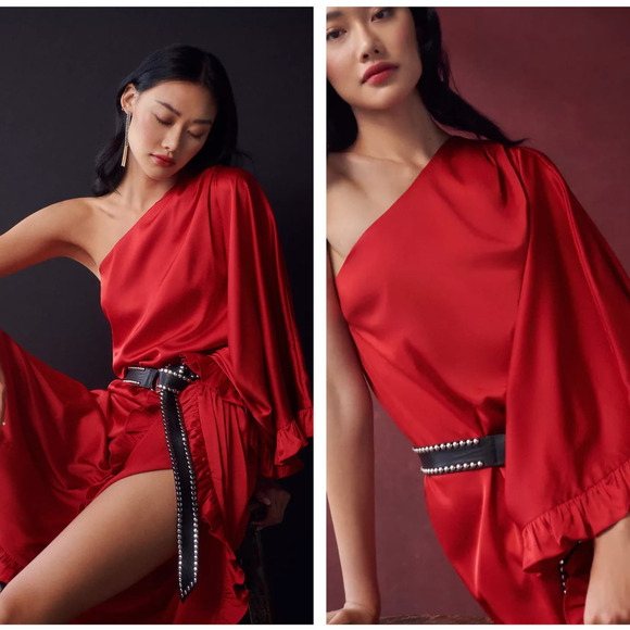 ANTHROPOLOGIE x HUTCH One-Shoulder Ruffled Draped Caftan Maxi Dress Red {MM29} - Picture 2 of 4